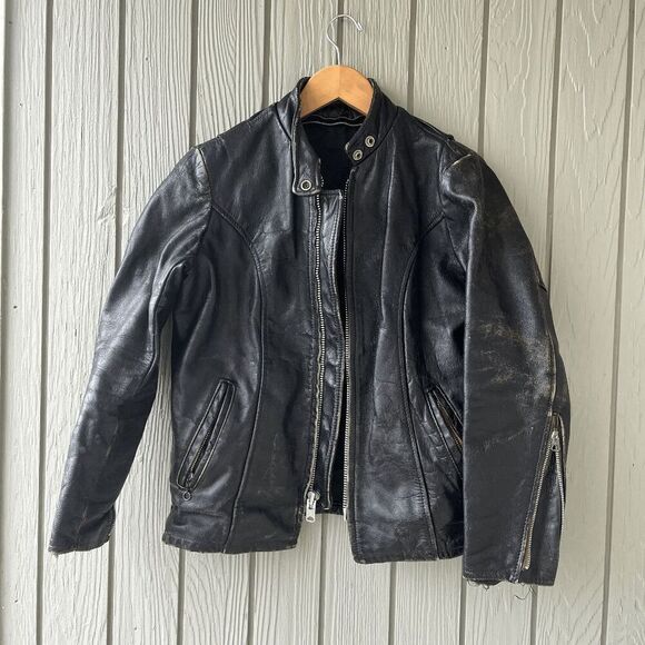 Vintage 50s Women's Black Leather Moto Jacket, S, SCHOTT Distressed - Picture 9 of 11